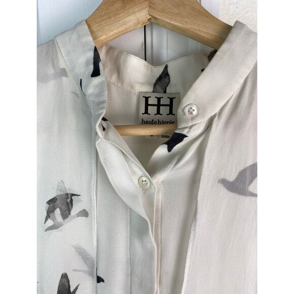 Haute Hippie Women's S Cream Black Flying Birds Flowy Silk Tank Top - Picture 2 of 9